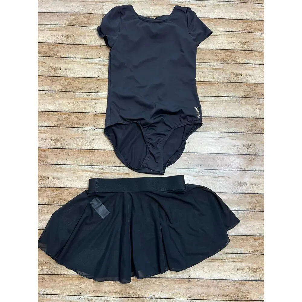 Justice Black Bow Back Dance Leotard w Sheer Skirt Girls Size XS (5/6)
